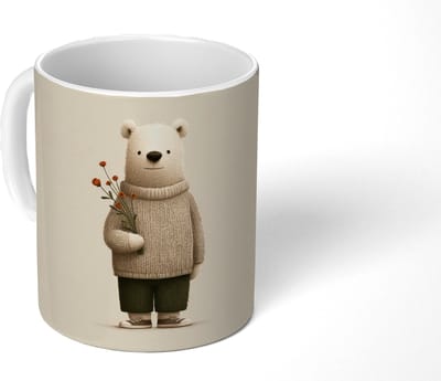 Mok - Koffiemok - Knuffelbeer - Oranje bloemen - Vriendelijk - Mokken - 350 ML - Beker - Koffiemokken - Theemok