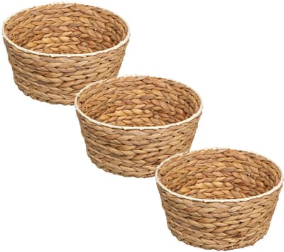 5Five Rieten gevlochten mandje - 3x - naturel - D26 x H13 cm - rond - opbergmandje - broodjes - badkamer