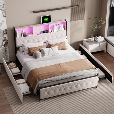 Gestoffeerd bed 160 x 200 cm met ledverlichting en USB-oplaadpunt, tweepersoonsbed met 4 lades, gestoffeerd bed met opbergruimte en hoofdbord, bed met lattenbodem, tweepersoonsbed, zonder matras, beige
