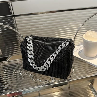 Kettingtas voor dames, lente, trendy, Koreaanse versie, heldere diamanten cilindertas, volledig met diamanten bezette modieuze casual schoudertas. gray