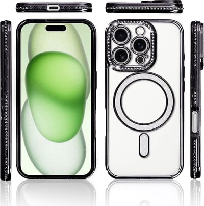 Hoesje Geschikt voor iPhone 15 Magsafe hoes Lens beschermer Zwart – Luxe bling sprankelende diamant backcover