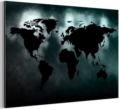 Wanddecoratie Metaal - Aluminium Schilderij Industrieel - Wereldkaart - Zwart - Wit - 180x120 cm - Dibond - Foto op aluminium - Industriële muurdecoratie - Voor de woonkamer/slaapkamer