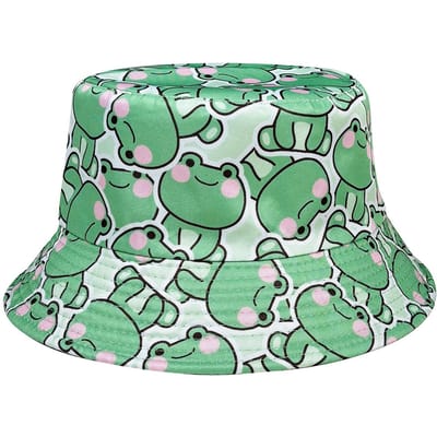 Chapeau seau grenouille cartoon ludique, Chapeau de soleil de plage, Réversible et pliable, Chapeau seau tendance adapté à toutes les saisons (green,One Size) vert