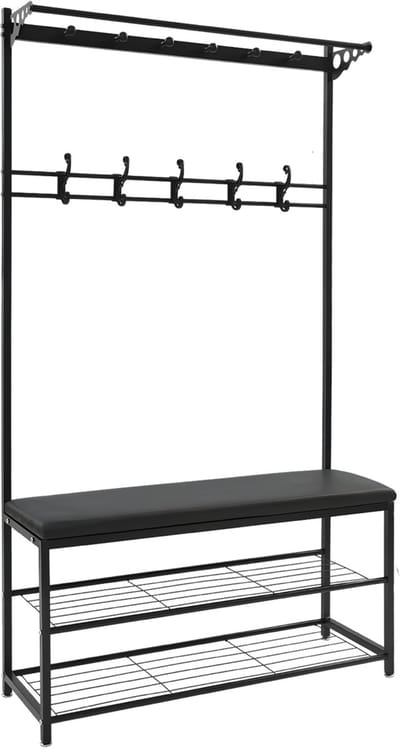 Kapstok met bank - Kledingrek - Schoenenrek - Voor kledingopslag en schoenen - Multifunctioneel - Met haken en bankje - Zwart