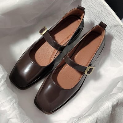 Rimocy Vintage Vierkante Neus Lakleren Schoenen Dames Enkelbandje Lage Hak Mary Jane Schoenen Vrouw Donkerbruin Ondiepe Pumps 36