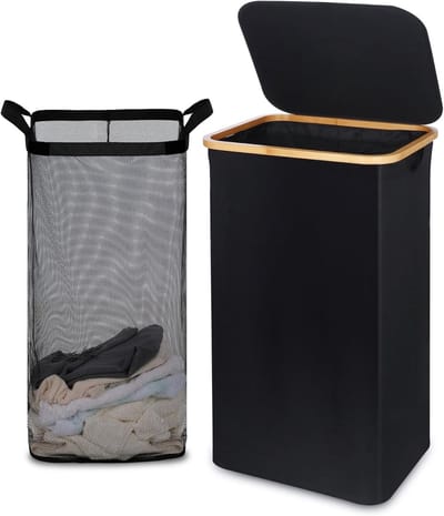 Grote Wasmand met Deksel van 100L met Bamboe Handvatten voor Kleding en Speelgoed, Vouwbaar en Vrijstaand, Ideaal voor Slaapkamer en Badkamer in Zwart