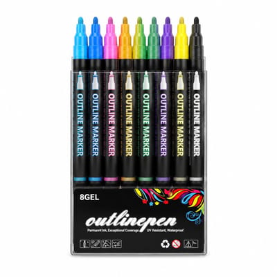 Contourpennen - 8 kleuren zwarte behuizing (98 g) - ronde punt - in PP-doos