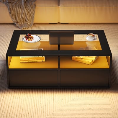Salontafel - 100x50x35 cm - Met LED 2 Lades Glasblad En Open Opbergruimte - Glas - Zwart