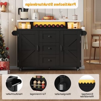 Mobiel Keukeneiland met LED App Bediening: Uittrekbare Keukentrolley Zwart 138 x 40 x 93 cm, Opvouwbaar Werkblad, Wijnrek en Glashouder, 5 Wielen voor Thuis en Keuken