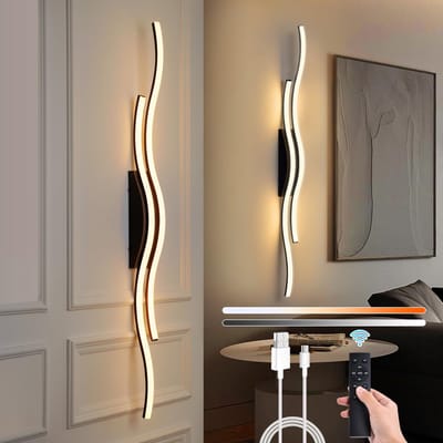 Rosnek Oplaadbare Draadloze Wandlampen met Golflinie (Batterij-aangedreven) - Continu Kleurinstelbaar 3000K-6000K met Afstandsbediening & Dimbaar Wandlamp Binnen, Slaapkamer, Studiekamer, Gang (1 stuk,Zwart)