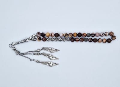 Handgemaakte naam tasbih 33 Kralen Natuursteen “ Australia zebra jasper” - met metaal tassel “Palestina"- Met je naam of de naam van uw geliefde- 8 mm diameter van de korrel
