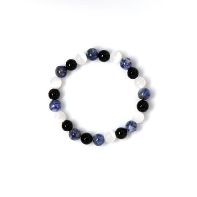 Cavill - Handgemaakte Edelsteenarmband 18 cm - Elastisch - Seleniet, Zwarte Onyx & Blauwe Jaspis - Ronde Kralen - Natuurlijke Energie & Kleurrijke Mix