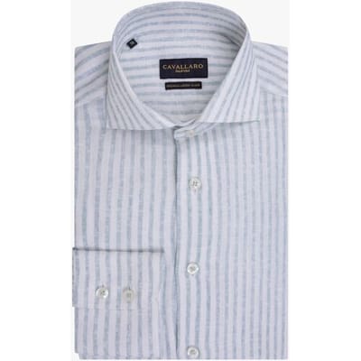 Cavallaro Napoli Overhemd Tarente Linnen Blend Stripe Lichtblauw-Wit / male