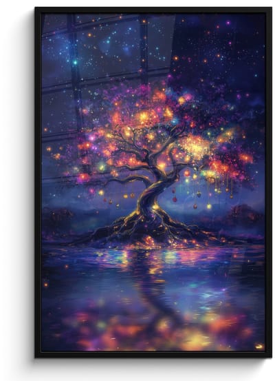 Poster in lijst - Fotolijst 80x120 cm - Posters - Kosmisch - lichtboom - Kerst - Kleurrijk - Posterlijst zwart - Decoratie - Wanddecoratie woonkamer - Muurdecoratie slaapkamer - Kerstversiering - Kerstdecoratie voor binnen - Kerstmis