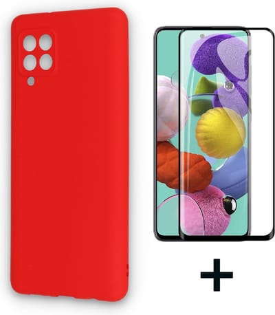 HB Hoesje Geschikt voor Samsung Galaxy A12 - Rood/ Fullscreen Glazen Screenprotector - Siliconen Back Cover
