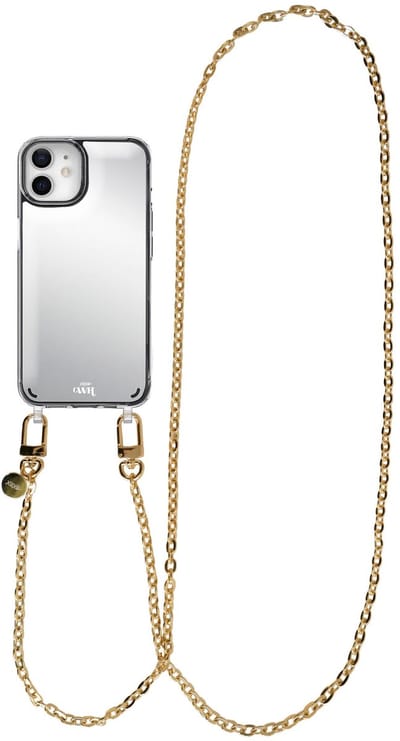 xoxo Wildhearts hoesje met spiegel geschikt voor iPhone 12 case - Dreamy Mirror Case - Lang koord - Siliconen telefoonhoesje met spiegel - Schokbestendig - Gouden schakelketting