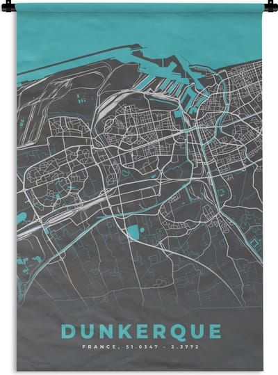 Wandkleed - Wanddoek - Frankrijk - Kaart - Dukerque - Stadskaart - Plattegrond - 120x180 cm - Wandtapijt