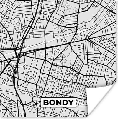 Poster Kaart - Frankrijk - Stadskaart - Plattegrond - Bondy - 100x100 cm XXL