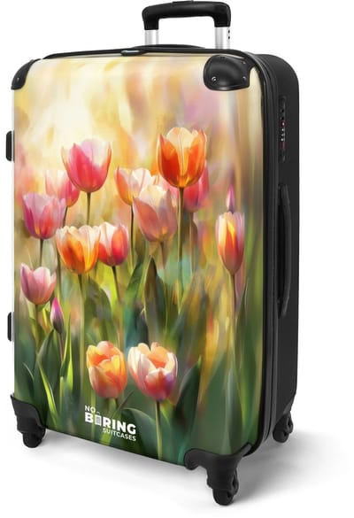 NoBoringSuitcases.com® - Koffer groot - Rolkoffer lichtgewicht - Tulpen in pastel kleuren - Vakantie reiskoffer met 4 wielen - Grote trolley XL - Travel suitcase large - 20 kg bagage - Ruimbagage medium met TSA slot