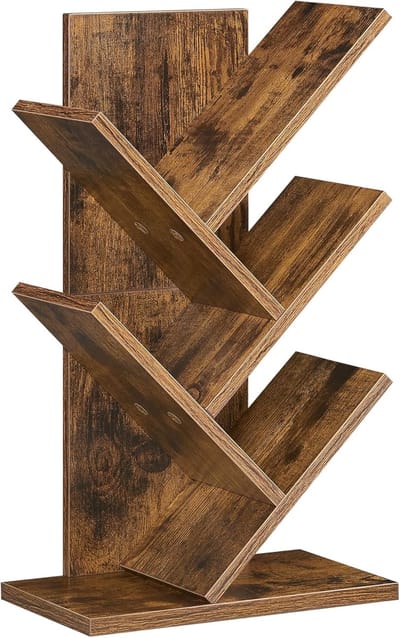 VASAGLE boekenkast boomvorm, staande plank 5 niveaus, hoekplank ruimtebesparend, opbergplank voor slaapkamer, woonkamer, thuiskantoor, vintage bruin LBC183X01