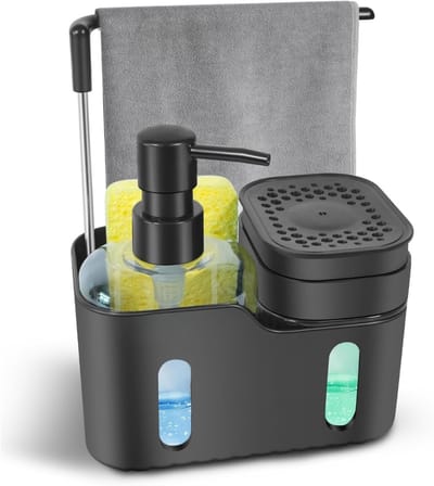 Famanu – Dubbele zeepdispenser voor keuken - 4-in-1 spoelbak organizer met handzeep- en afwasmiddeldispenser - sponshouder - borstelhouder en theedoekhaak - afneembaar en antislip - zwart