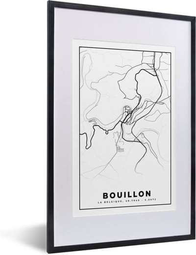 Fotolijst incl. Poster Zwart Wit- België – Bouillon – Stadskaart – Kaart – Zwart Wit – Plattegrond - 40x60 cm - Posterlijst
