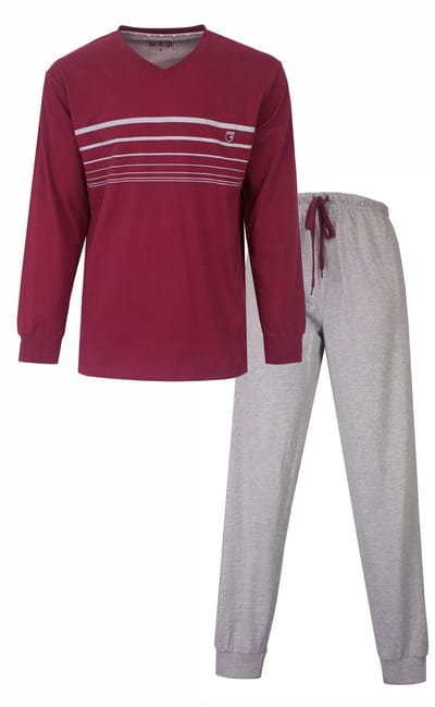 MEQ Heren Pyjama - V-hals - Lange Mouw - Bordeaux Rood - Maat S