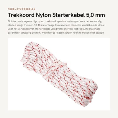 Dailygoods - Trekkoord Nylon - Starterkabel 5,0 mm - Duurzaam en slijtvast - 10 meter lengte - Geschikt voor trimmers - Hoogwaardige kwaliteit