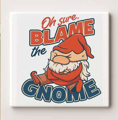Oh Sure, Blame the Gnome Tegel 15x15cm – Grappige Tuinkabouter Keramische Wanddecoratie – Humoristisch Cadeau voor Huis of Tuin – Speelse Decoratie