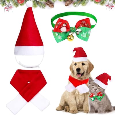 ByShane - Kerstmis hondenkostuum voor hond en kat | Verstelbare kerstmuts en kerstkostuum | Feestelijk kattenkostuum met vlinderdas en halsdoek