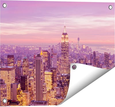 Gards Tuinposter New York Skyline met Lichten bij Zonsondergang - 50x40 cm - Tuindoek - Tuindecoratie - Wanddecoratie buiten - Tuinschilderij