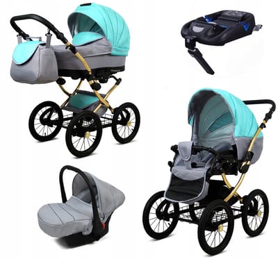 BabyLux® Kinderwagen 4in1 – MARGARET GOLD - MINT - Opklapbare Wandelwagen incl. Reiswieg, Multifunctionele Buggy Sportstoel, Autostoel, ISOFIX basisstation - Combi-kinderwagen met Luiertas, Regenhoes, Klamboe