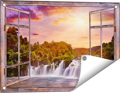 Gards Tuinposter Doorkijk Watervallen in het Bos - 60x40 cm - Tuindoek - Tuindecoratie - Wanddecoratie buiten - Tuinschilderij