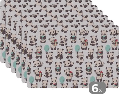 Placemat - Placemats kunststof - Cadeau - Panda - Patroon - 45x30 cm - 6 stuks - Hittebestendig - Anti-Slip - Onderlegger - Afneembaar
