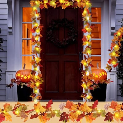 Herfstdecoratie met 2 stuks Maple Leaves Guirlande van 175 cm, inclusief plakhaakjes en 30 LED-lampjes met USB voor huis, tuin en Halloween versiering