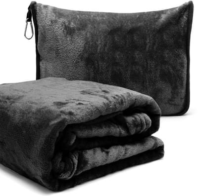 Dailygoods - 2-in-1 reisdeken en reiskussen met ritssluiting, multifunctioneel kussen, zacht en warm vliegtuigdeken, hoofdkussensloop, compacte deken voor vliegtuig, auto, kantoor, 127 x 152 cm (zwart B)