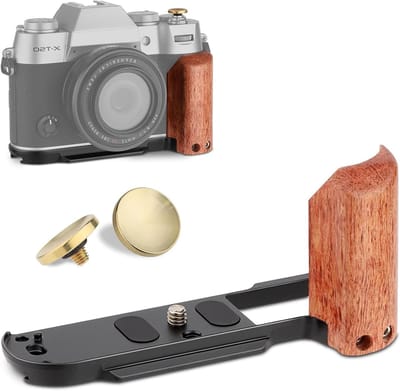 Retro L-vormige Handgreep met Houten Handvat voor Fujifilm X-T50 Camera, Inclusief Arca Snelsluiting en Ontspanknop, Zwart - Perfect voor Fotografie en Videografie