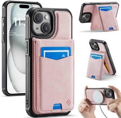 Casemania Hoesje Geschikt voor Apple iPhone 15 - Pale Pink - Geschikt voor MagSafe - Back Cover met Afneembare Magnetische Pasjeshouder met Standaard - Telefoonhoesje en Kaarthouder