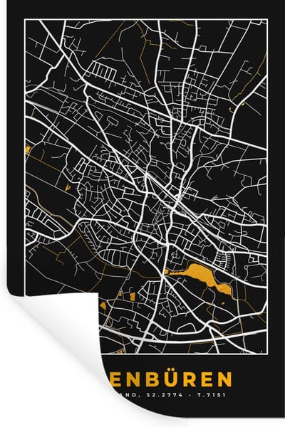 Muurstickers - Sticker Folie - Stadskaart – Kaart – Ibbenbüren – Gold – Duitsland – Plattegrond - 20x30 cm - Plakfolie - Muurstickers Kinderkamer - Zelfklevend Behang - Zelfklevend behangpapier - Stickerfolie