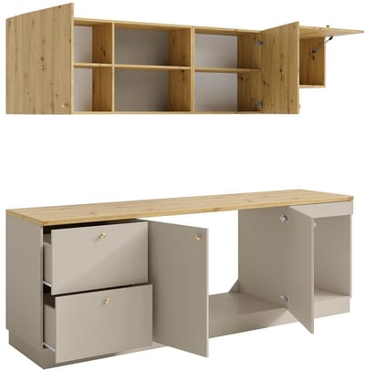 Vente-unique Complete keuken - Met werkblad 242 cm - Beige en Licht natuurlijk - YORINA