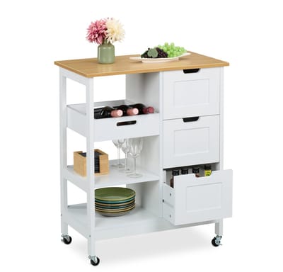 keukentrolley op wieltjes - met werkblad - 3 lades - 85 x 68,5 x 38,5 cm - wit