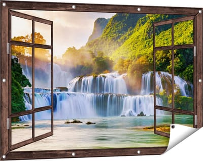 Gards Tuinposter Doorkijk Watervallen tussen de Bomen - 120x80 cm - Tuindoek - Tuindecoratie - Wanddecoratie buiten - Tuinschilderij
