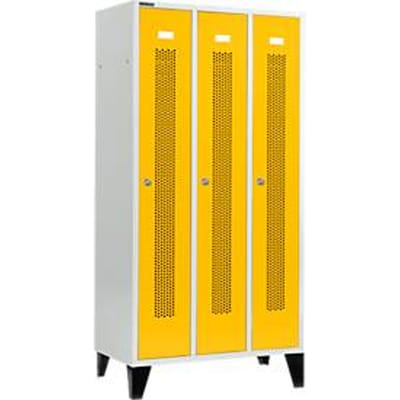 Schäfer Shop Select Kledinglocker, met geperforeerde rijen, 3 compartimenten, 300 mm, met poten, cilinderslot, Deur koolzaadgeel