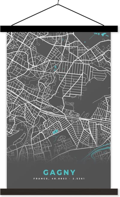 Posterhanger incl. Poster 40x60 cm - Schoolplaat - Plattegrond - Kaart - Frankrijk - Gagny - Stadskaart - Textielposter - Zwarte latten - Stadskaart