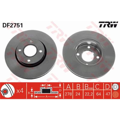 Remschijf TRW DF2751 voorkant, geventileerd, sterk gecarboniseerd, 1 Stuk