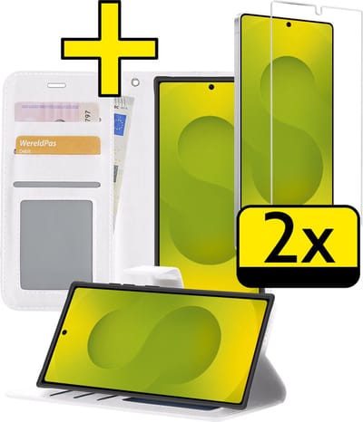 Hoesje - Met 2x Screenprotector - Geschikt voor Samsung Galaxy S25 Ultra - Luxe Pasjeshouder - Bookcase Portemonee - Flip Case - Kunstleer Book Case - Flipcase Hoes - Book Cover - Walletcase - Portemonneehoes - Telefoonhoesjes - Wit