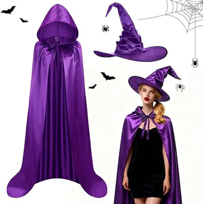 Tovenaarskostuum voor Dames met Paarse Cape en Vouwbare Heksenhoed voor Halloween Feest en Carnavalskleding