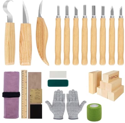 Allecto Plus - Houtsnijgereedschapsset 30-delig inclusief Houtsnijblokken, Lepelmes, Schilmes, Kerfmes, Snijbestendige Handschoenen - Voor beginners en professionals