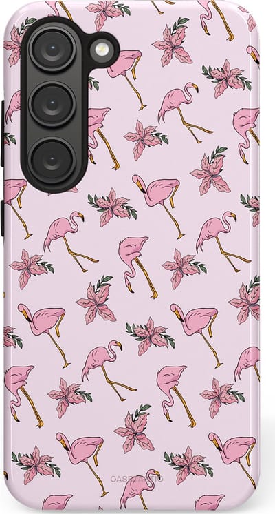 Casetastic hoesje geschikt voor Samsung Galaxy S23 - Dubbellaagse bescherming - Tropisch Roze Flamigo Bloemen Paradijs - Fashion Case - Lichtgrijs Wit Lichtroze