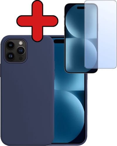 Hoesje - Met Screenprotector - Geschikt voor Apple iPhone 15 Pro - Sterk & Shockproof - Telefoon Hoes - Back Cover - Siliconen Case - Telefoonhoes - Donkerblauw